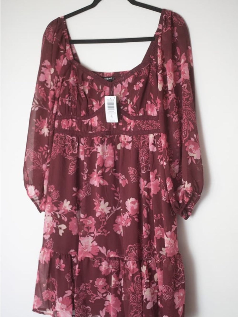 torrid Burgundy Floral Peasant Tunic with Pink Blooms